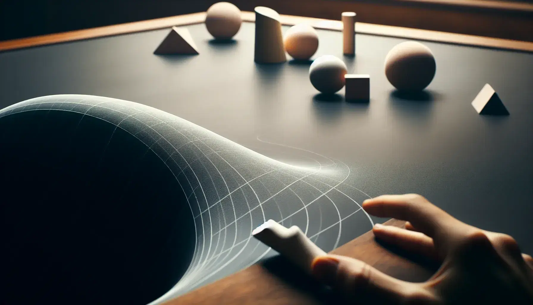 Hand holding chalk after drawing a smooth curve on a reflective blackboard, with blurred geometric shapes on a wooden surface in the background.