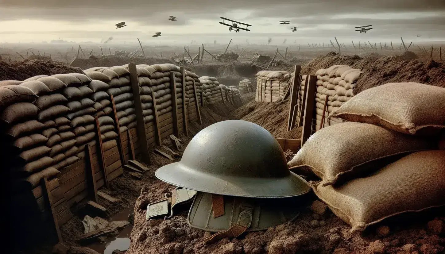 Casco militar de la Primera Guerra Mundial en primer plano con trinchera y aviones biplanos en formación sobre un paisaje desolado y sin vegetación.