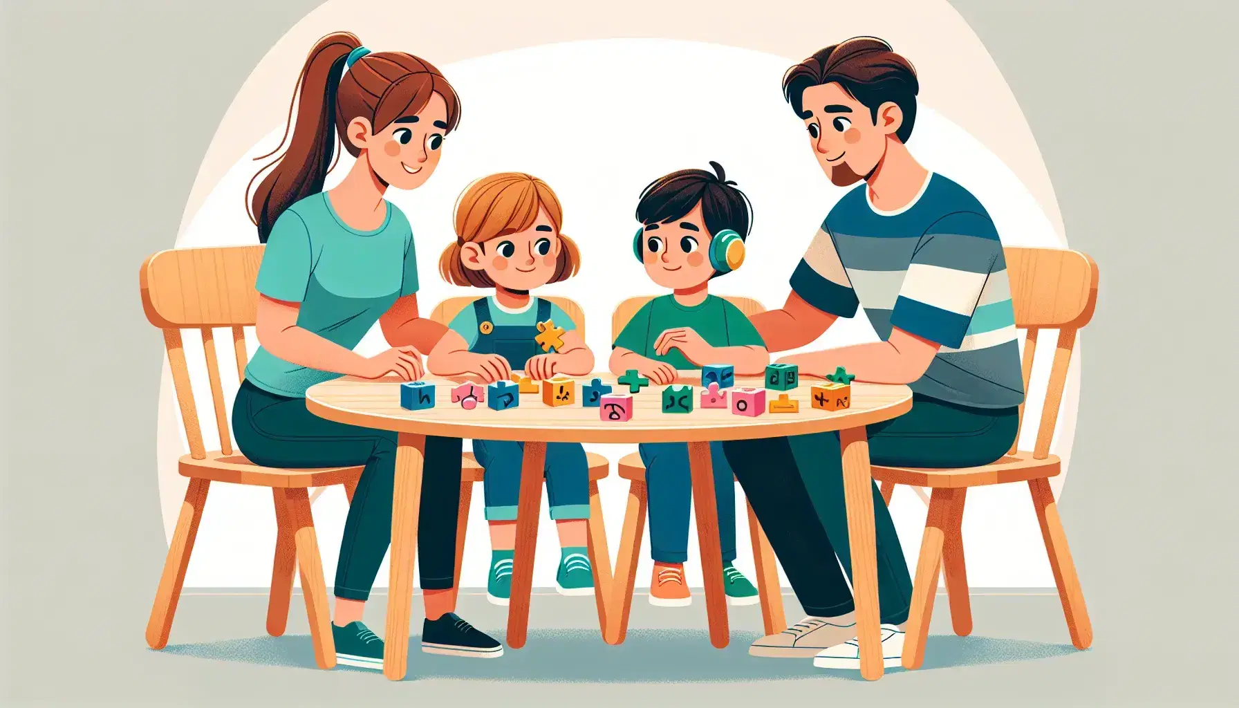 Famiglia intorno a tavolo rotondo con giochi educativi, donna aiuta bambino con apparecchio acustico a comporre puzzle, uomo e ragazza costruiscono con blocchi.
