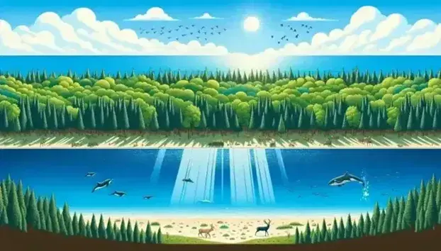 Paesaggio naturale con cielo azzurro e nuvole, foresta verde, spiaggia sabbiosa, cervo, uccelli in volo, delfino e balena in mare.