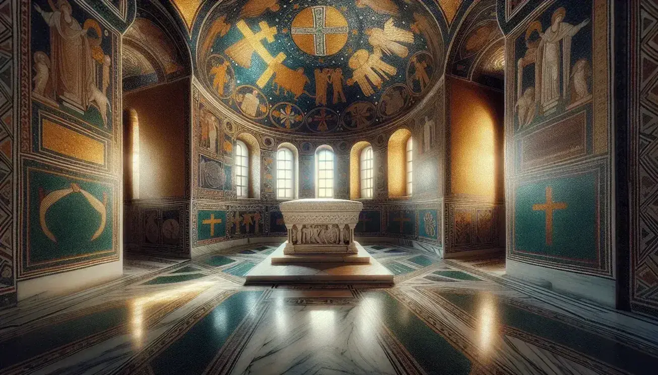 Interno del Mausoleo di Galla Placidia a Ravenna con mosaici dorati, blu e verdi, sarcofago in marmo e pareti marmoree.