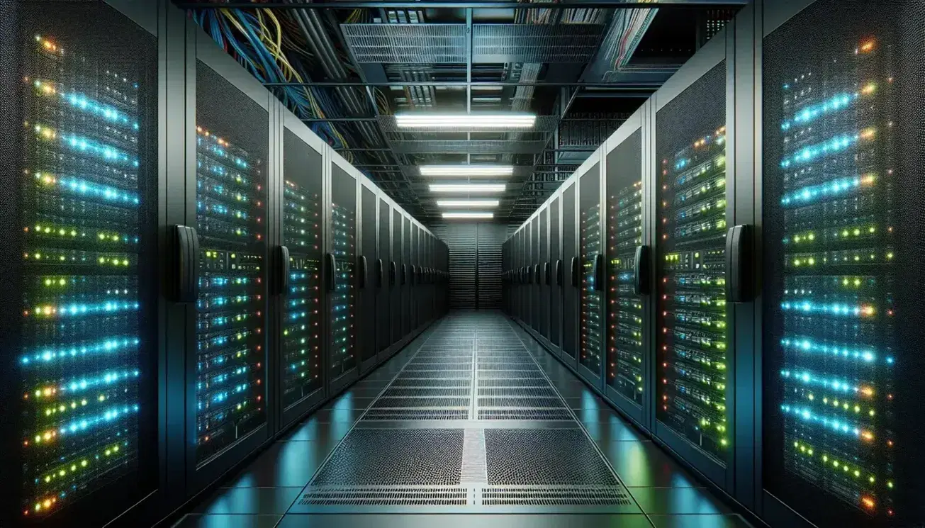 Modern, brightly lit server room with rows of black racks, colorful LED lights and raised floor, technician working on a laptop on a mobile cart.