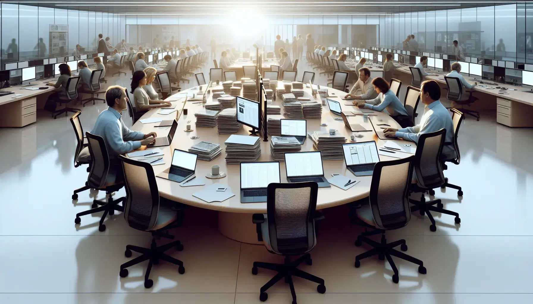 Sala redazione con giornalisti al lavoro attorno a un tavolo ovale, sedie ergonomiche, laptop aperti e luce naturale dalla finestra.