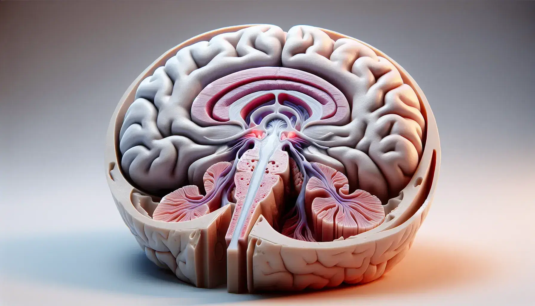 Rappresentazione anatomica tridimensionale del ipotalamo umano in situ, evidenziato in colore contrastante all'interno di un cervello aperto in sezione sagittale.