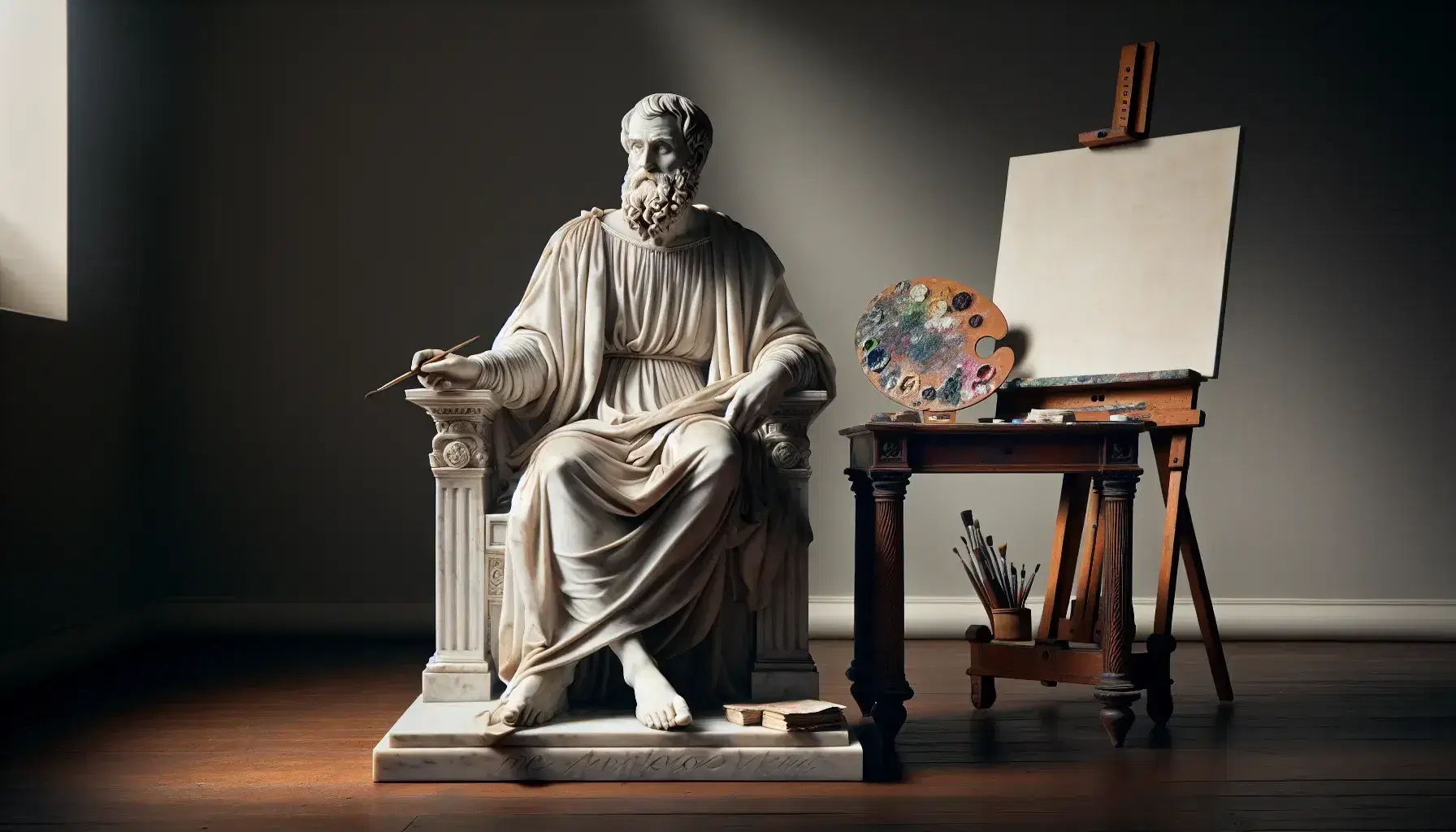 Estatua de mármol blanco de filósofo renacentista sentado, posiblemente Marsilio Ficino, con túnica, sosteniendo pincel y libro en un estudio de arte.