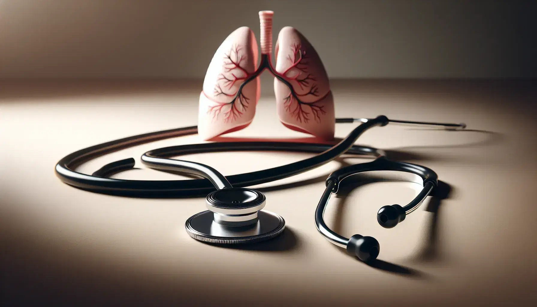 Estetoscopio médico con campana metálica y tubo flexible sobre superficie clara junto a modelo anatómico detallado de pulmones humanos con bronquios.