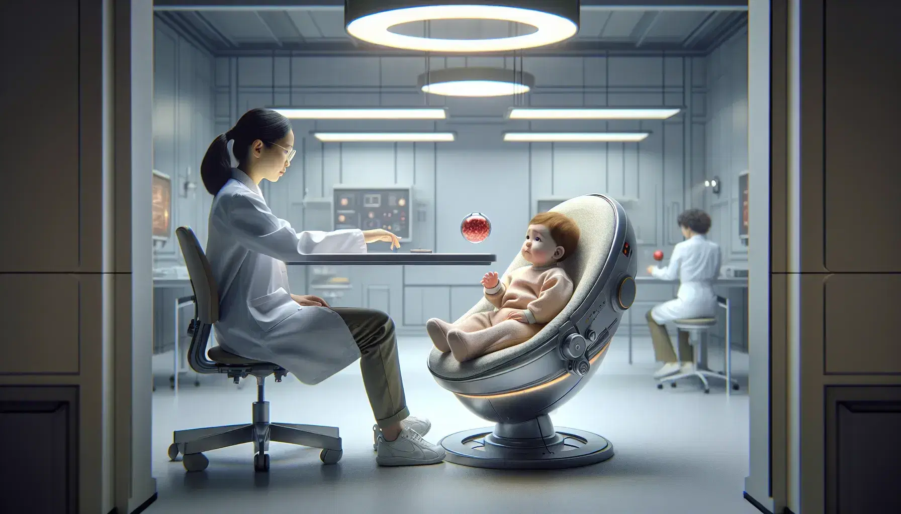 Peaceful science laboratory with light brown-haired baby reaching for a red ball, observed by an Asian researcher.