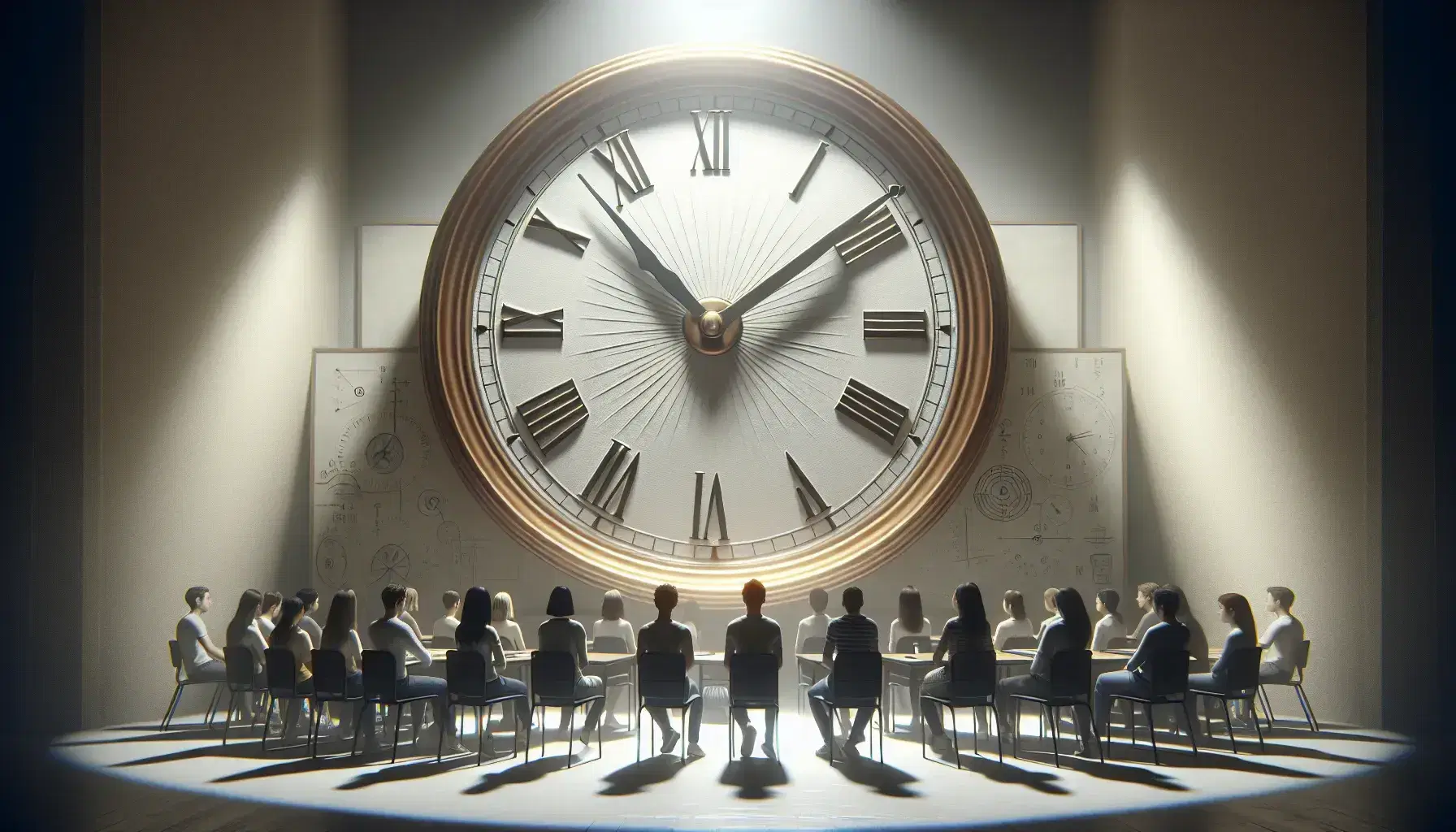 Orologio analogico classico con quadrante bianco e bordi dorati in aula, studenti seduti in cerchio osservano e prendono appunti.