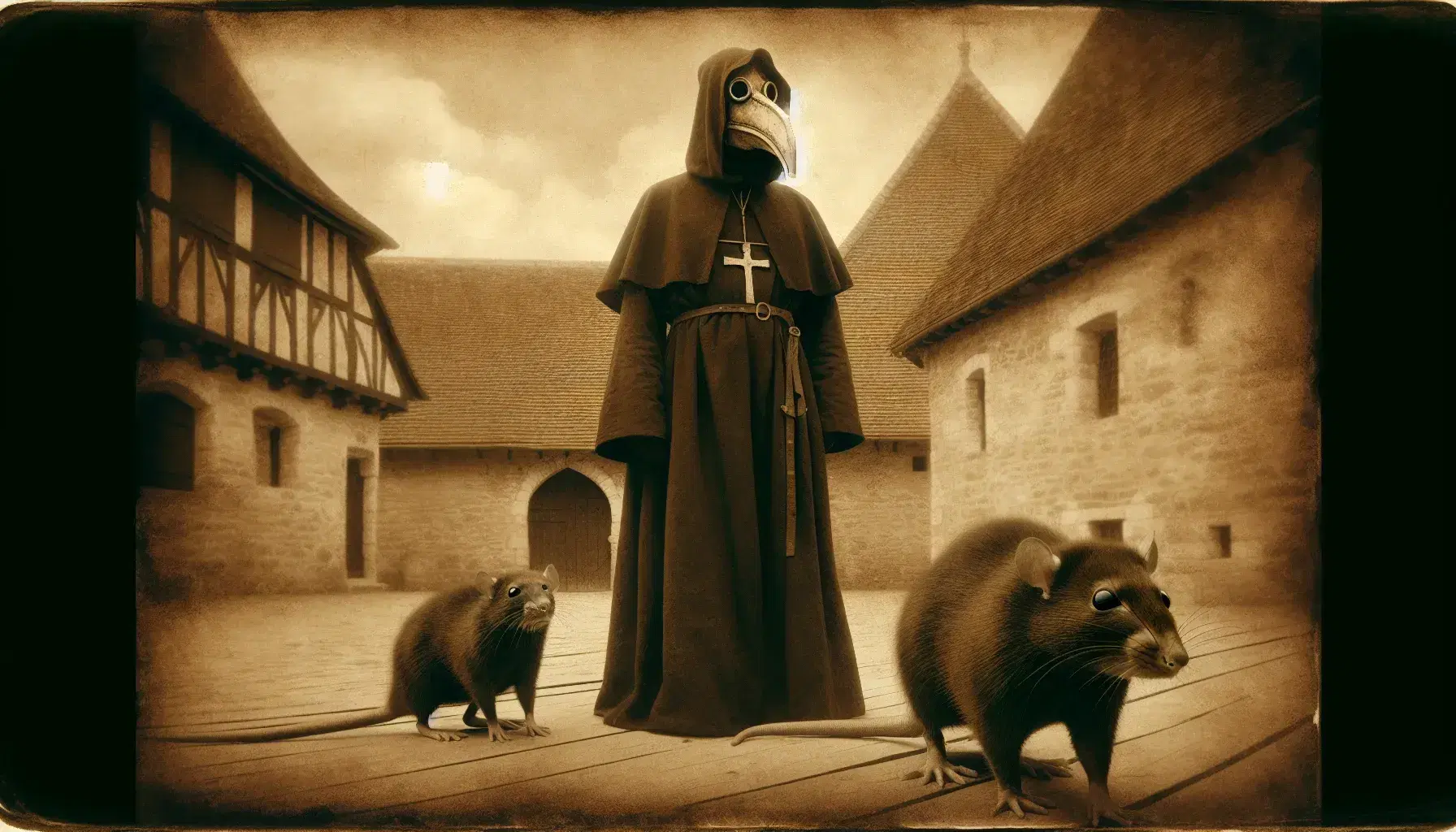 Figura de médico de la peste con máscara de pico y túnica oscura entre ratas grises en un fondo de casas medievales de piedra, evocando la época de la Peste Negra.
