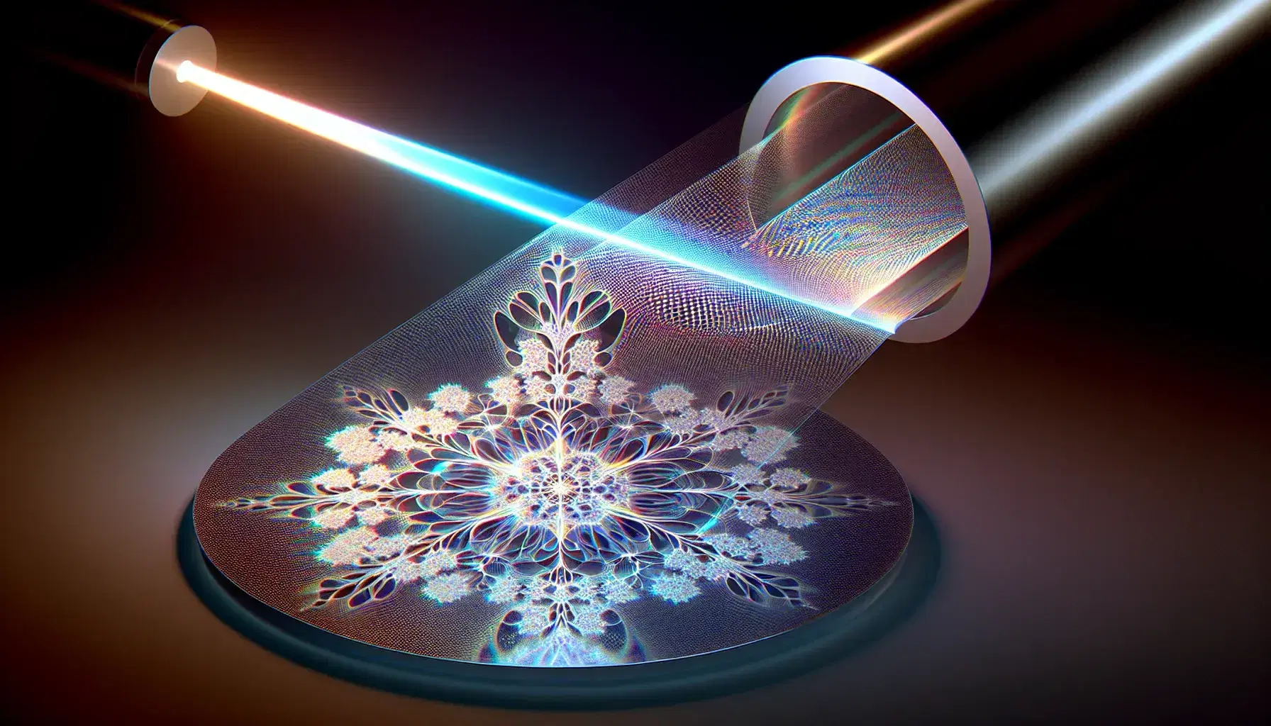 Laser beam illuminating a suspended holographic film, creating a colorful three-dimensional hologram of a complex geometric structure.