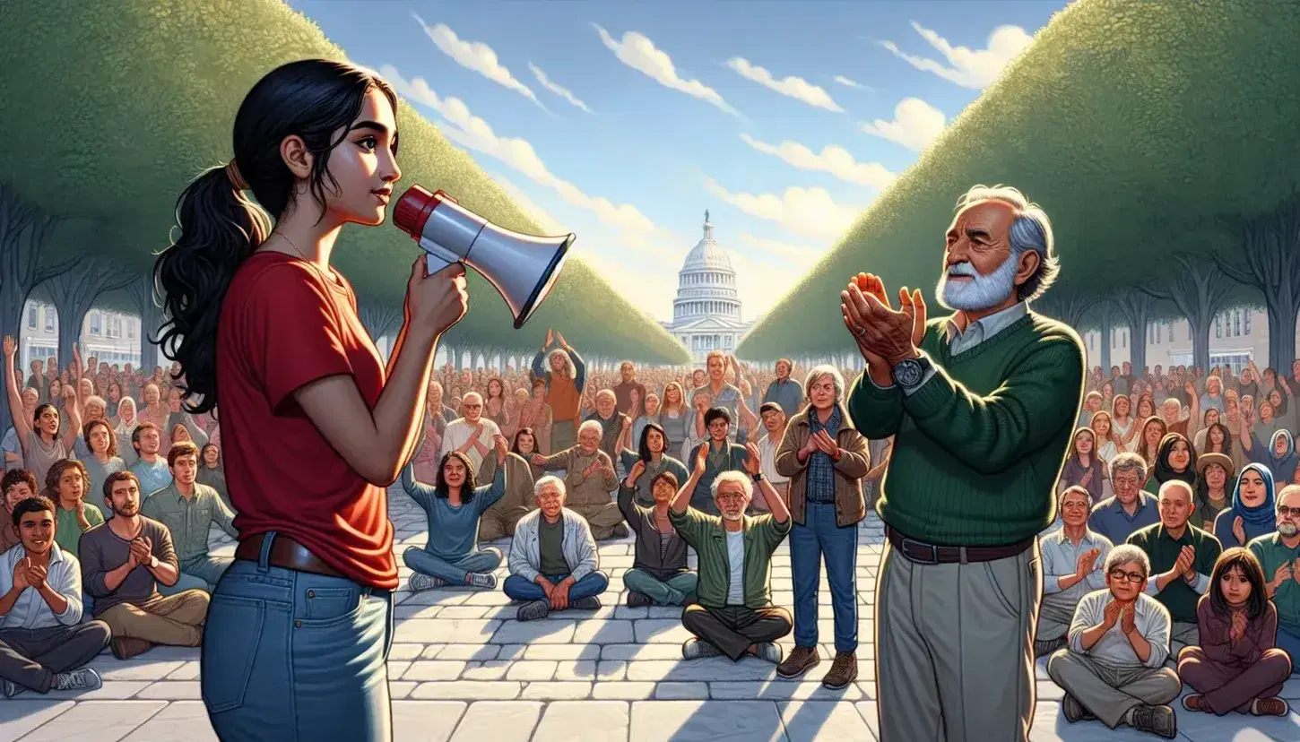 Young middle eastern woman in red t-shirt and blue jeans speaks into a megaphone in a crowded square, older hispanic man applauds, blue sky and green trees in background.