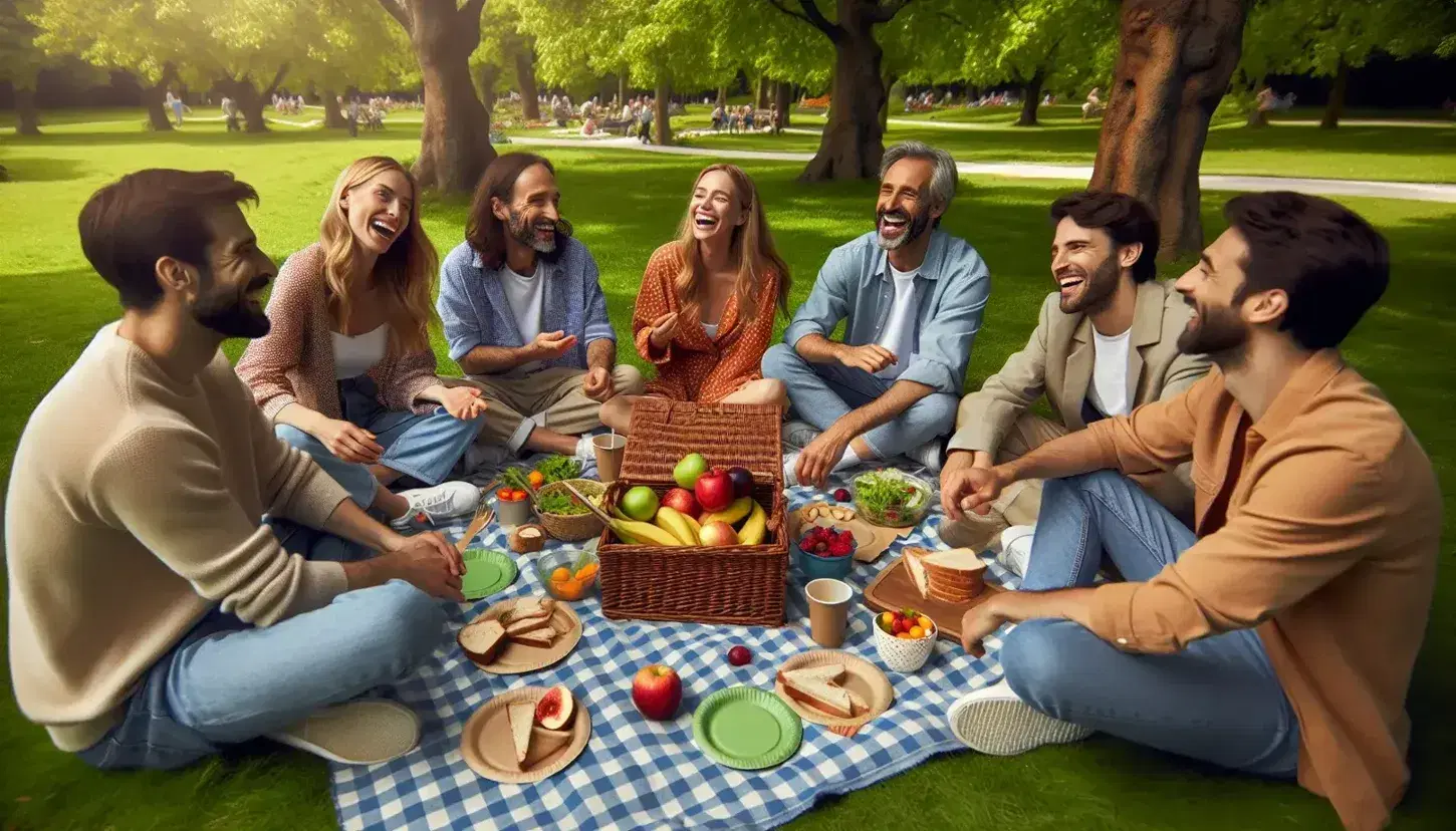 Grupo de cinco personas disfrutando de un picnic en el parque, sentados en una manta a cuadros con cesta de frutas, platos y una pelota multicolor.