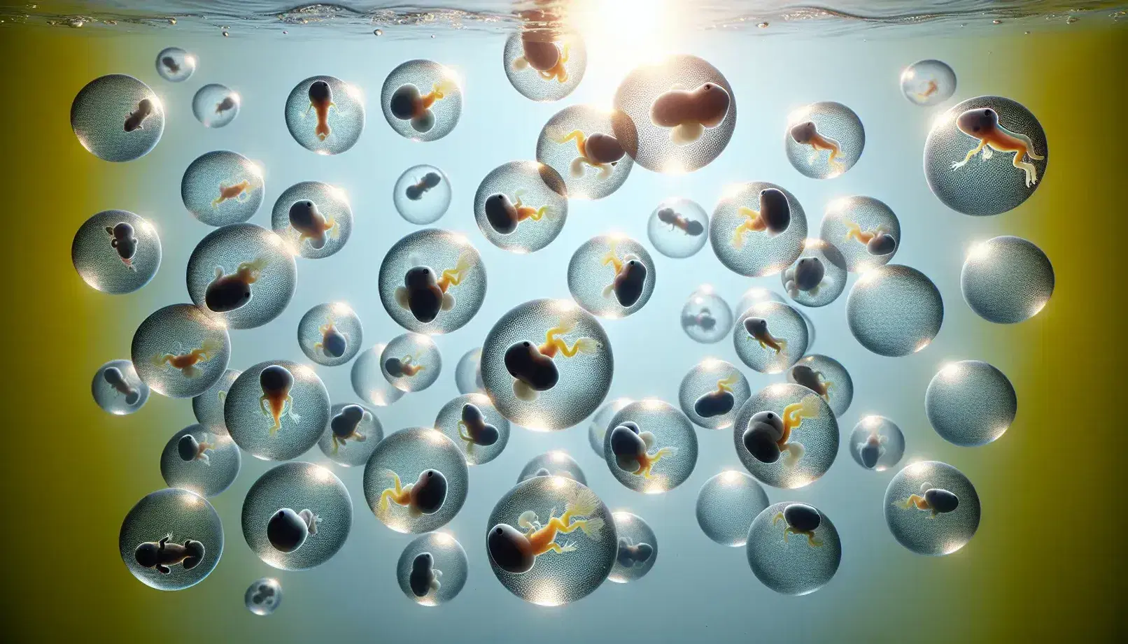 Uova di anfibio in fase embrionale galleggianti in acqua, con embrioni visibili in giallo pallido e gel trasparente, illuminati dall'alto.