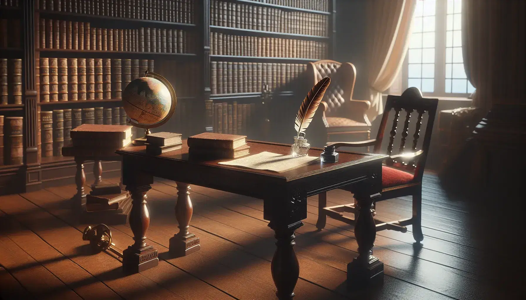 Biblioteca antigua con mesa de madera oscura, pluma y tintero, sillas con terciopelo rojo, estantería repleta de libros encuadernados en cuero y globo terráqueo, bajo una luz cálida y suave.