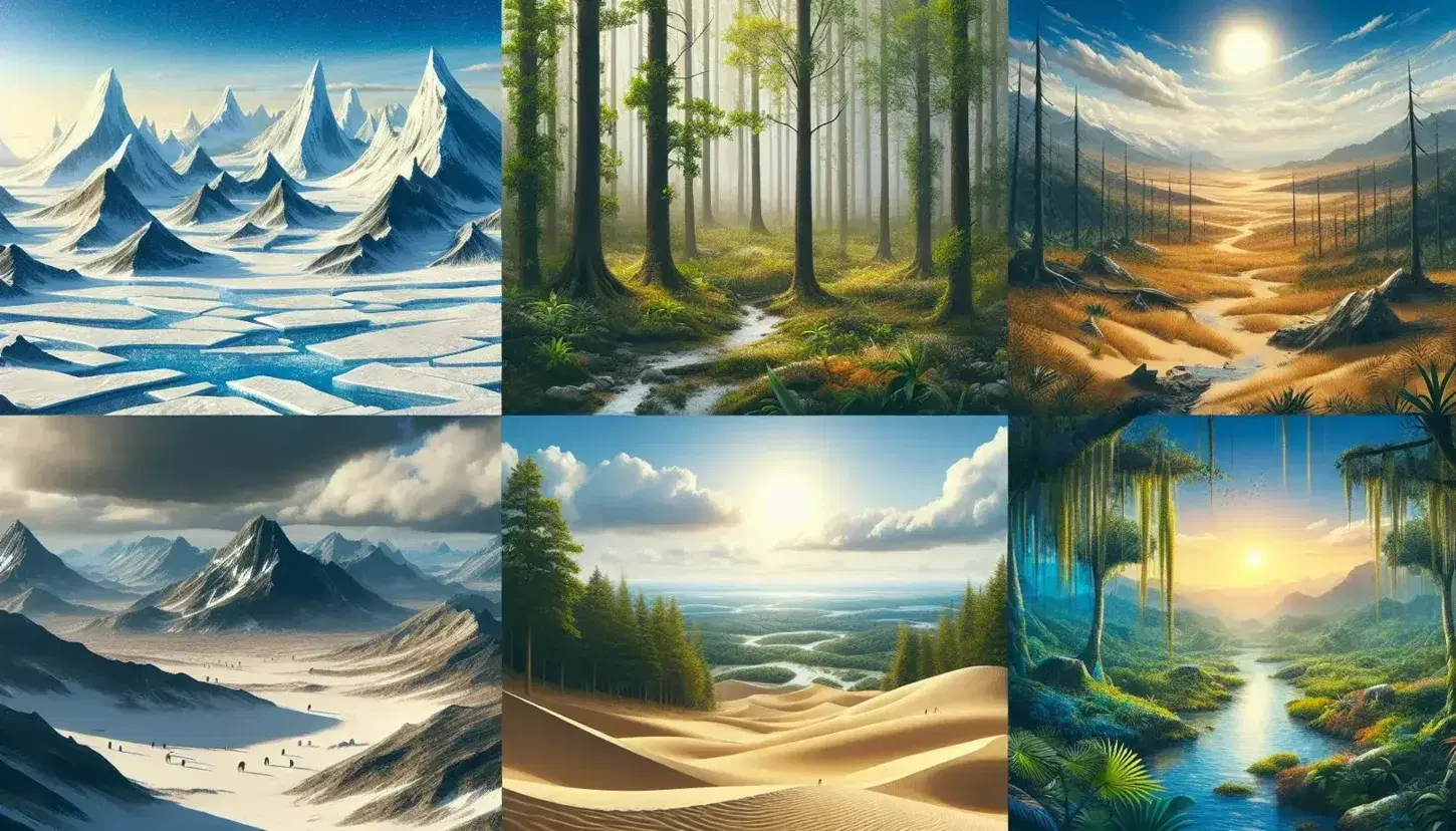 Paisaje diverso con montañas nevadas, bosque templado, dunas de desierto y selva tropical, mostrando climas variados en una composición armónica.