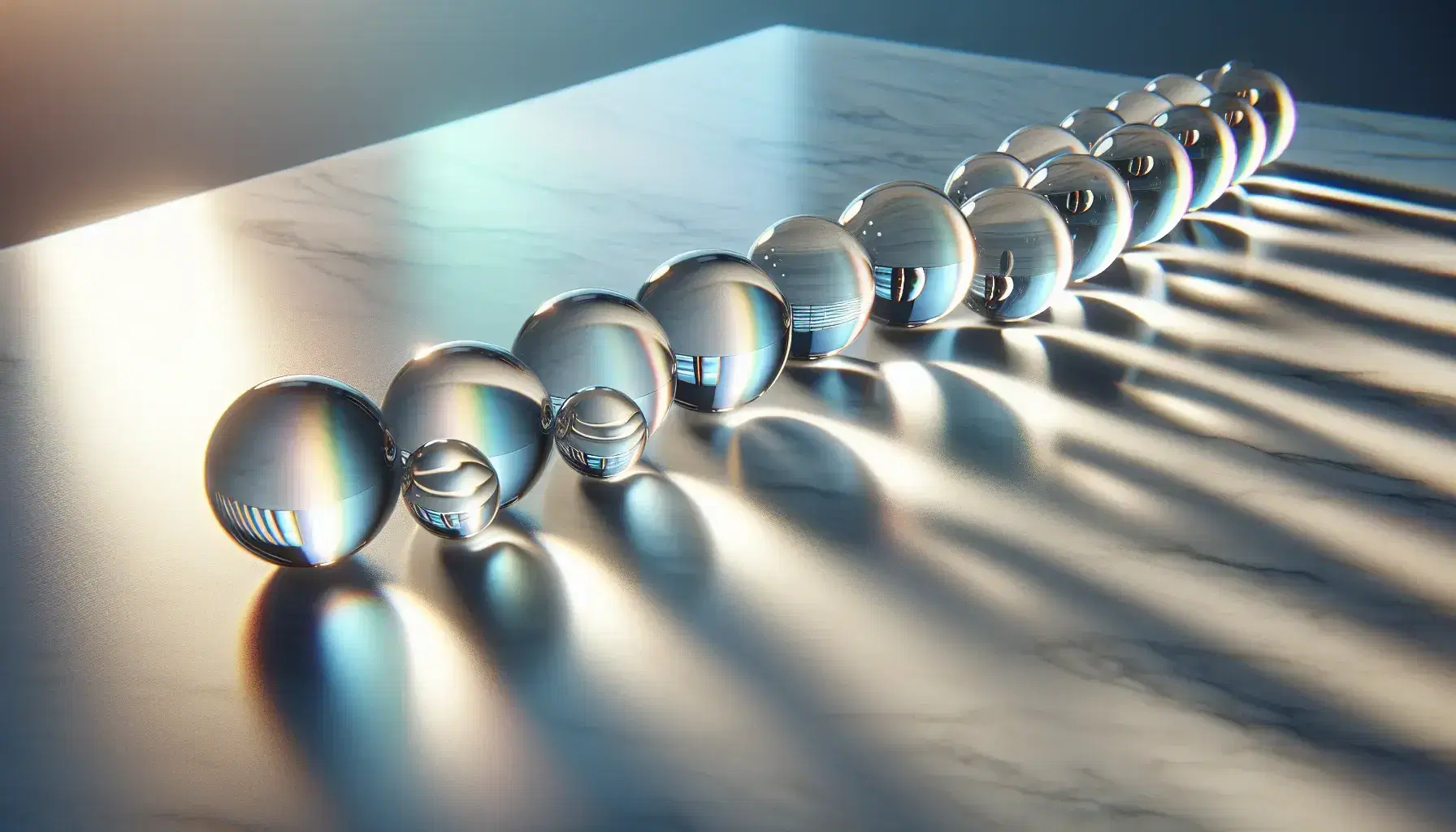 Esferas de cristal transparentes de distintos tamaños alineadas sobre superficie reflectante de mármol blanco, con reflejos arcoíris y fondo desenfocado en tonos verdes y azules.