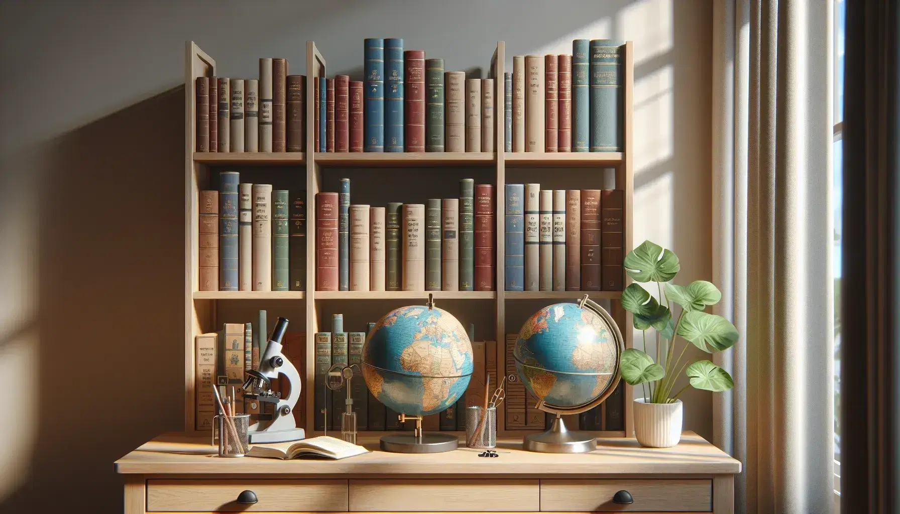 Estantería de madera con libros de tapa dura en colores variados, globo terráqueo y microscopio metálico junto a planta verde en maceta blanca, ambiente de estudio iluminado naturalmente.