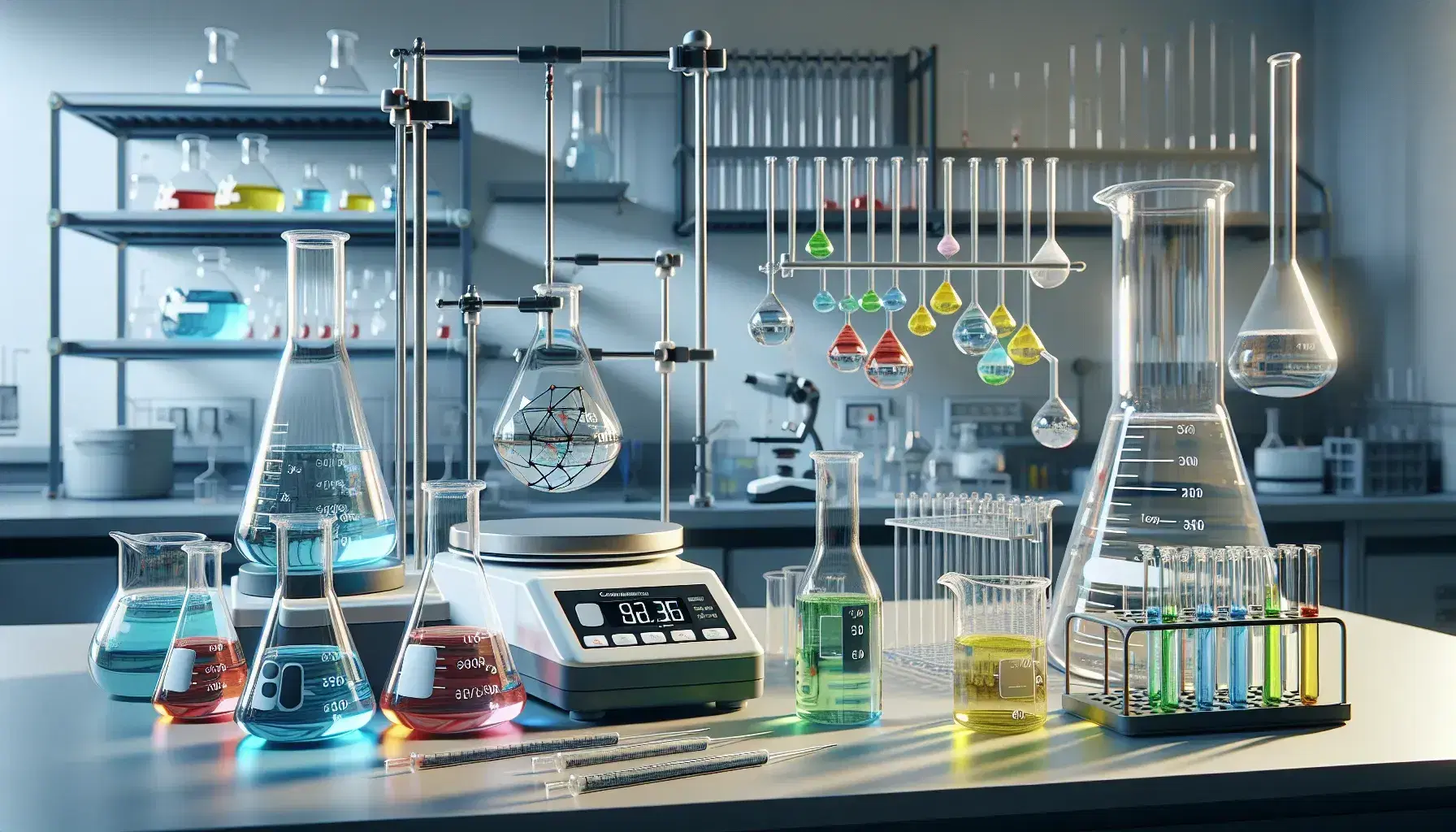 Laboratorio de química con mesa y frascos Erlenmeyer con líquidos de colores, balanza analítica, pipetas y tarros de reactivos en estante metálico.