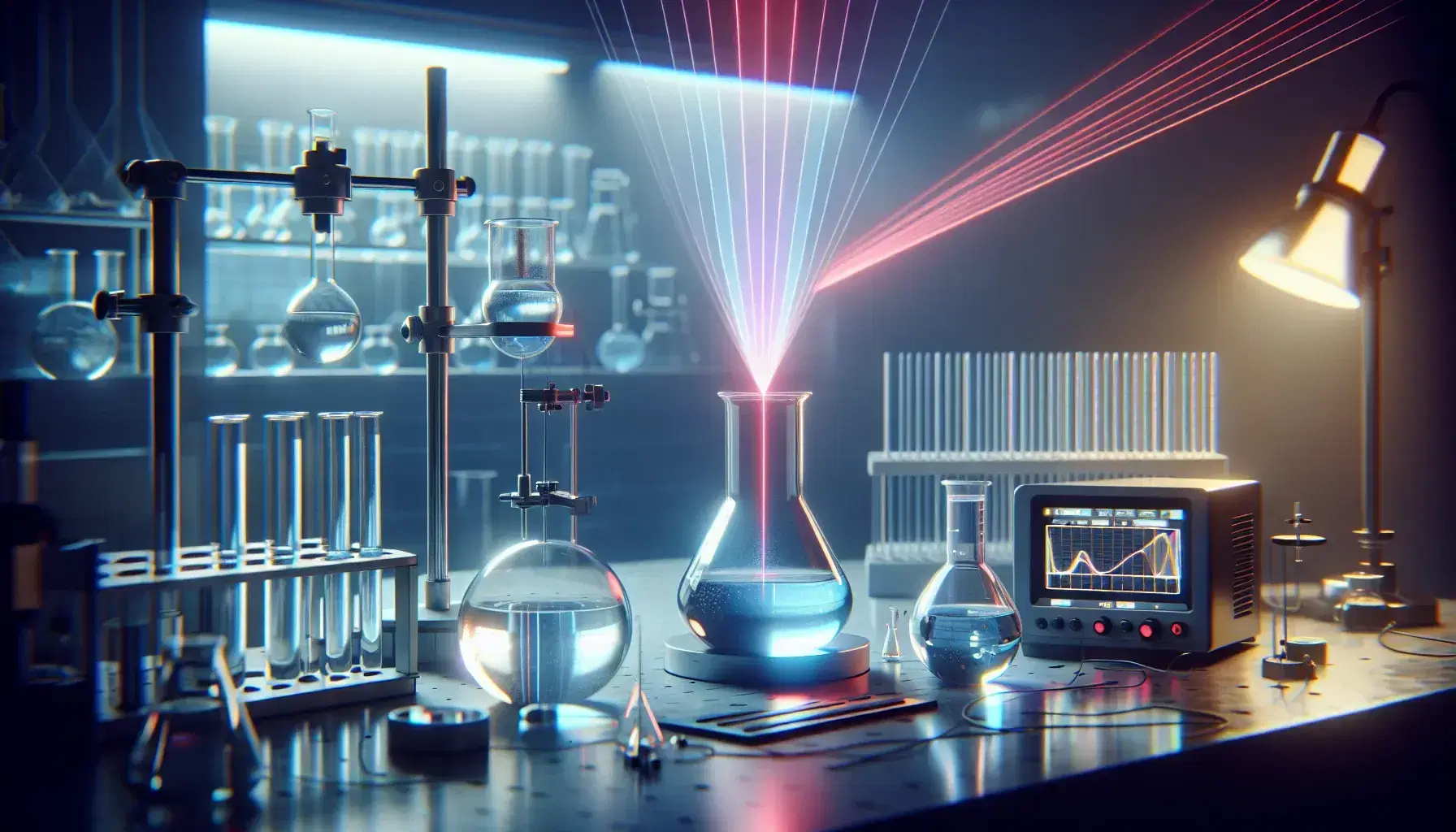Laboratory experiment with a laser beam passing through a blue-tinted liquid in a glass container, next to a prism dispersing light and a blank oscilloscope.