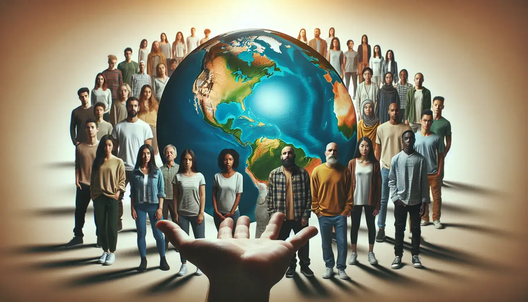 Diverse group of individuals in a semi-circle around a globe, focused on collaboration, with an outstretched hand in the foreground, against a blurred backdrop.
