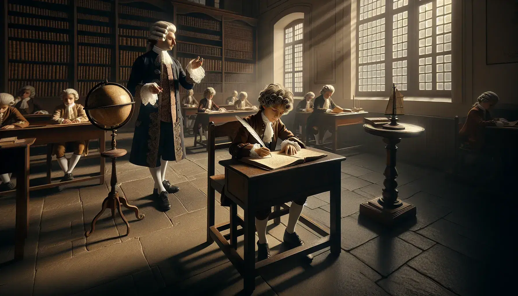 Scena di un'aula scolastica del XVIII secolo con ragazzo che scrive a penna d'oca, insegnante accanto a un globo e teatrino con marionette.