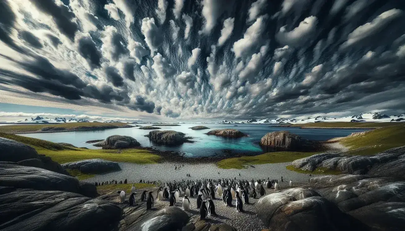 Vista panoramica delle isole Falkland/Malvinas con costa rocciosa, erba verde, mare calmo e gruppo di pinguini sulla spiaggia.