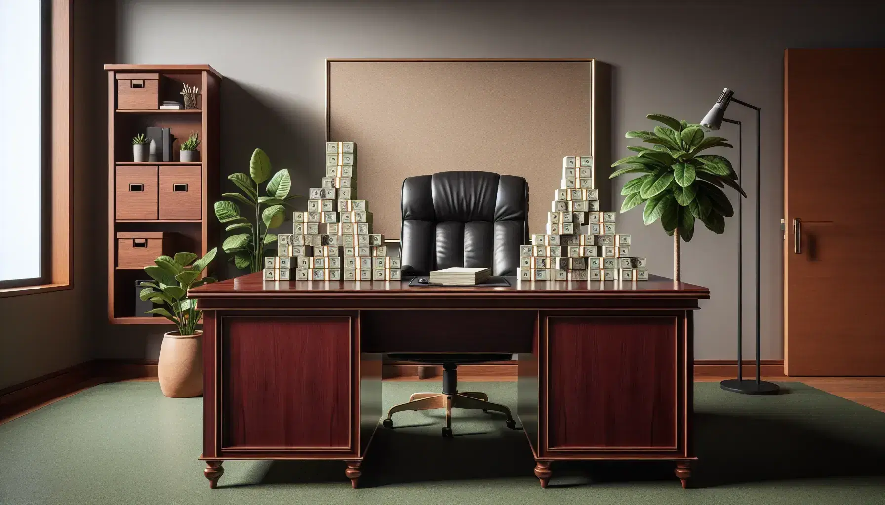Organized office with a mahogany desk displaying symmetrical stacks of green paper currency, a black leather chair, a potted plant, and an abstract painting.