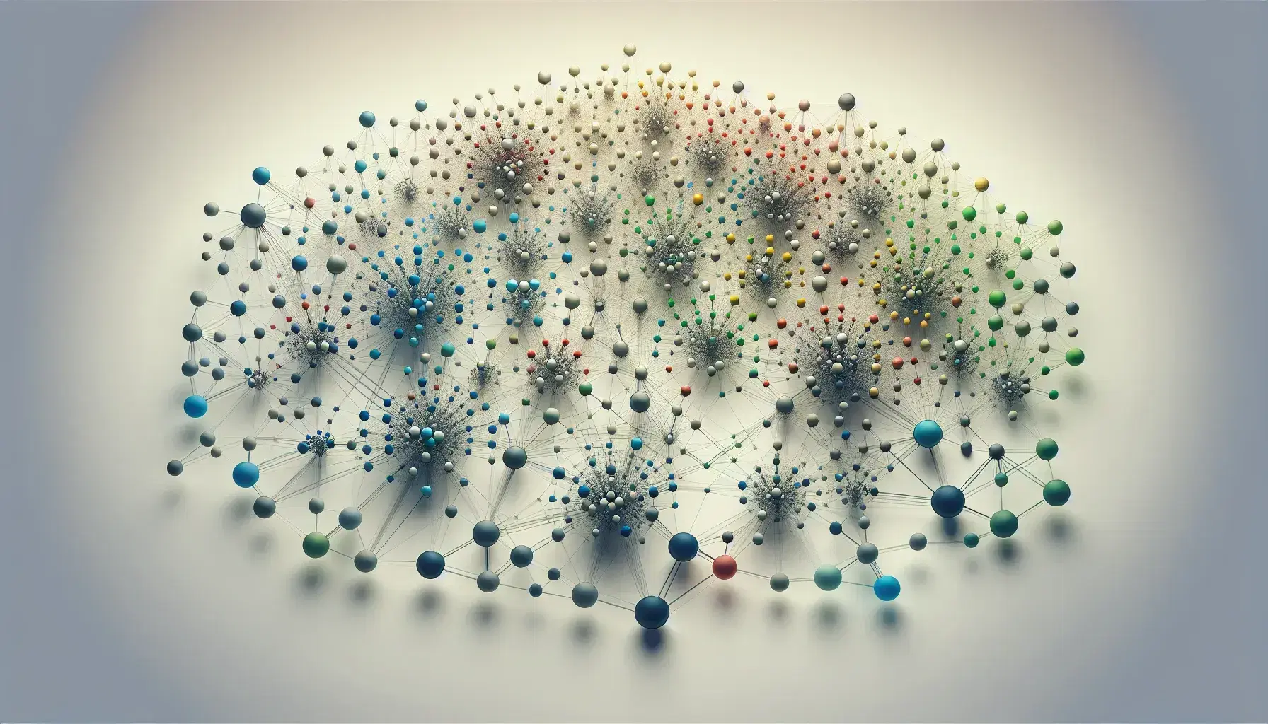 Complex network visualization with multicolored nodes connected by gray lines against a gradient white background, depicting a dynamic mesh-like structure.