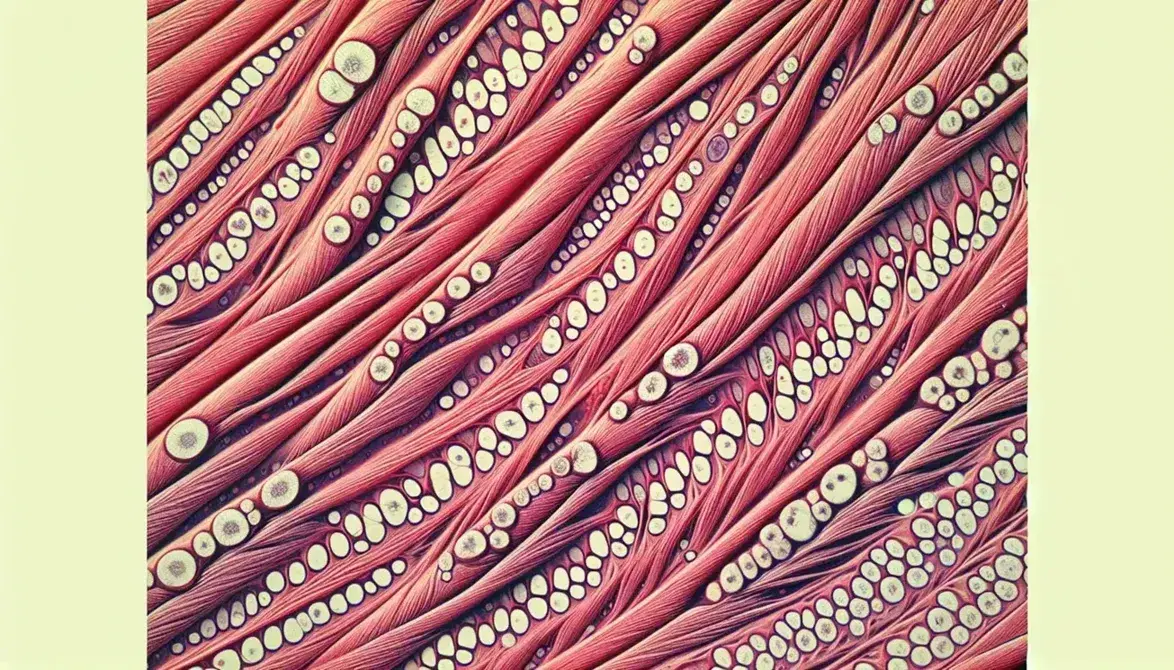 Vista microscópica de tejido muscular estriado con fibras paralelas mostrando bandas claras y oscuras y núcleos celulares periféricos.