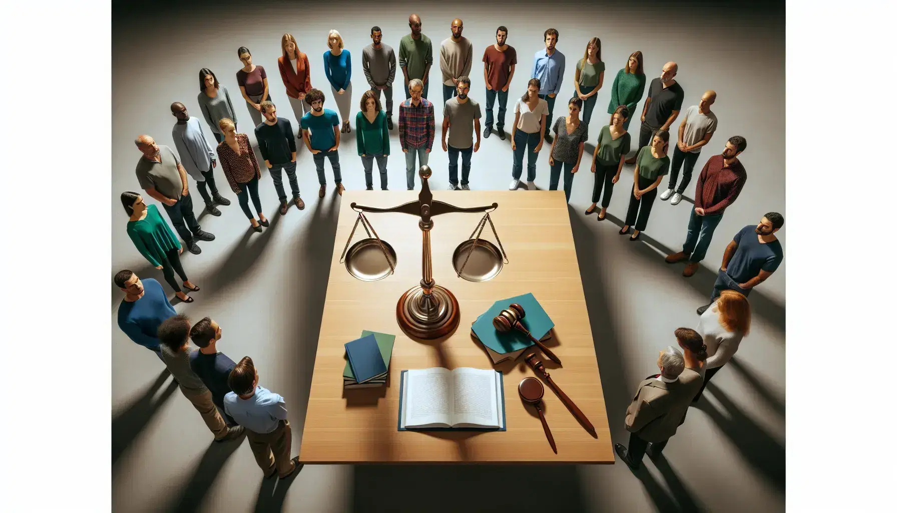 Grupo diverso de personas frente a mesa con balanza de justicia equilibrada, mazo de juez y documento encuadernado, en ambiente neutro.