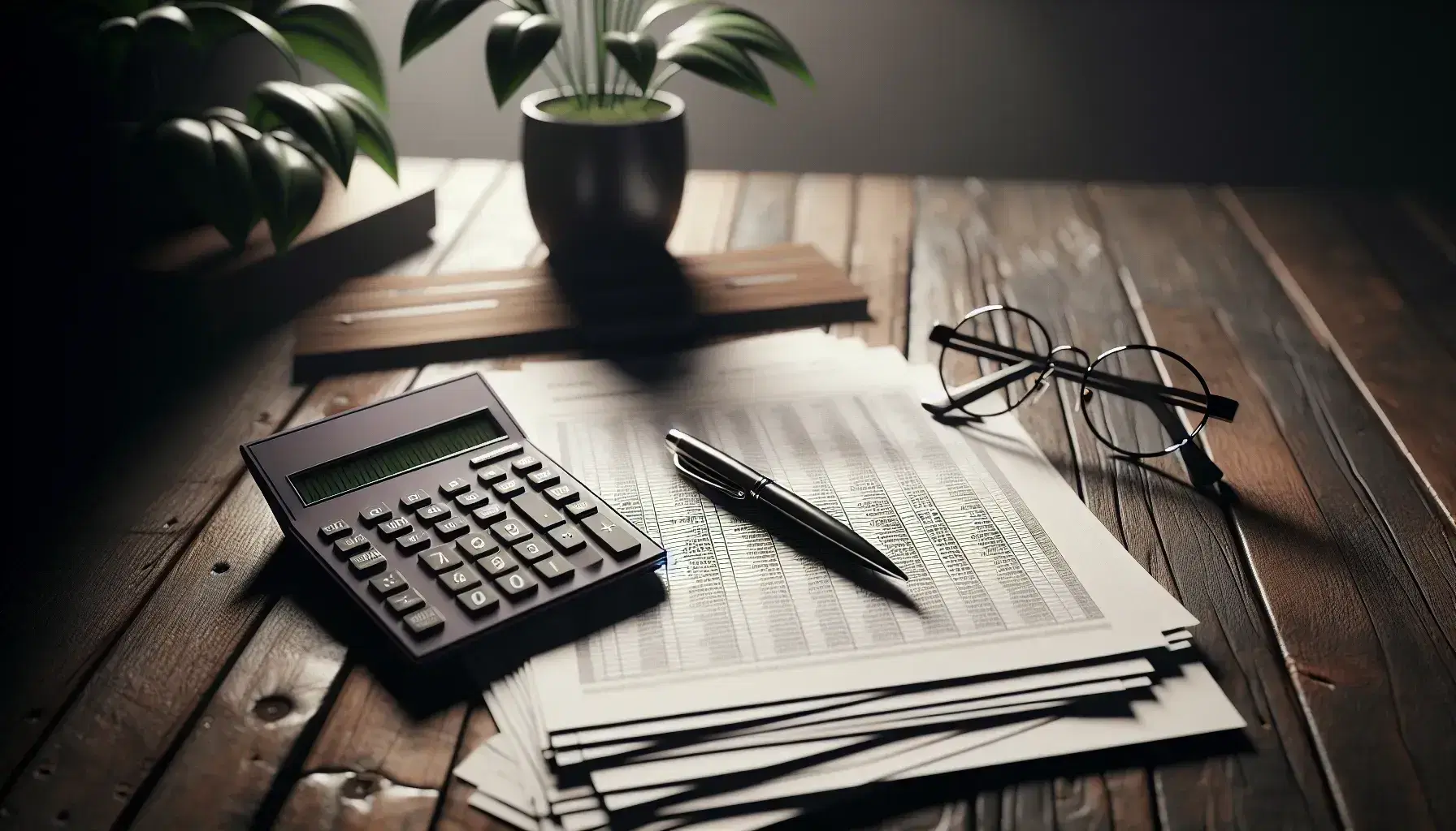 Mesa de madera oscura con calculadora gris, papeles de contabilidad, gafas metálicas y bolígrafo negro, con planta desenfocada al fondo.