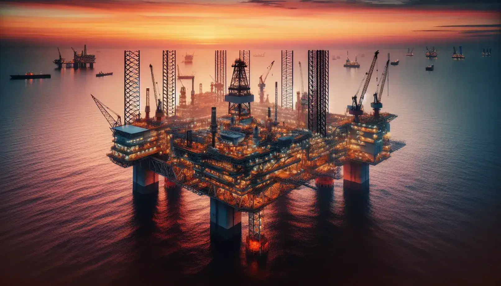 Piattaforma petrolifera offshore al tramonto con cielo arancione e rosa, riflessi sul mare calmo e silhouette di gru e torri.