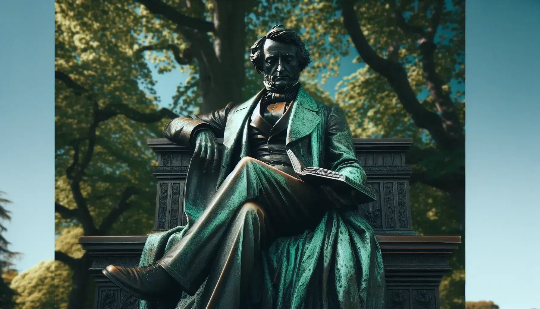 Statua in bronzo di filosofo seduto su panchina con libro aperto, in atteggiamento riflessivo, in un parco con alberi e cielo azzurro.