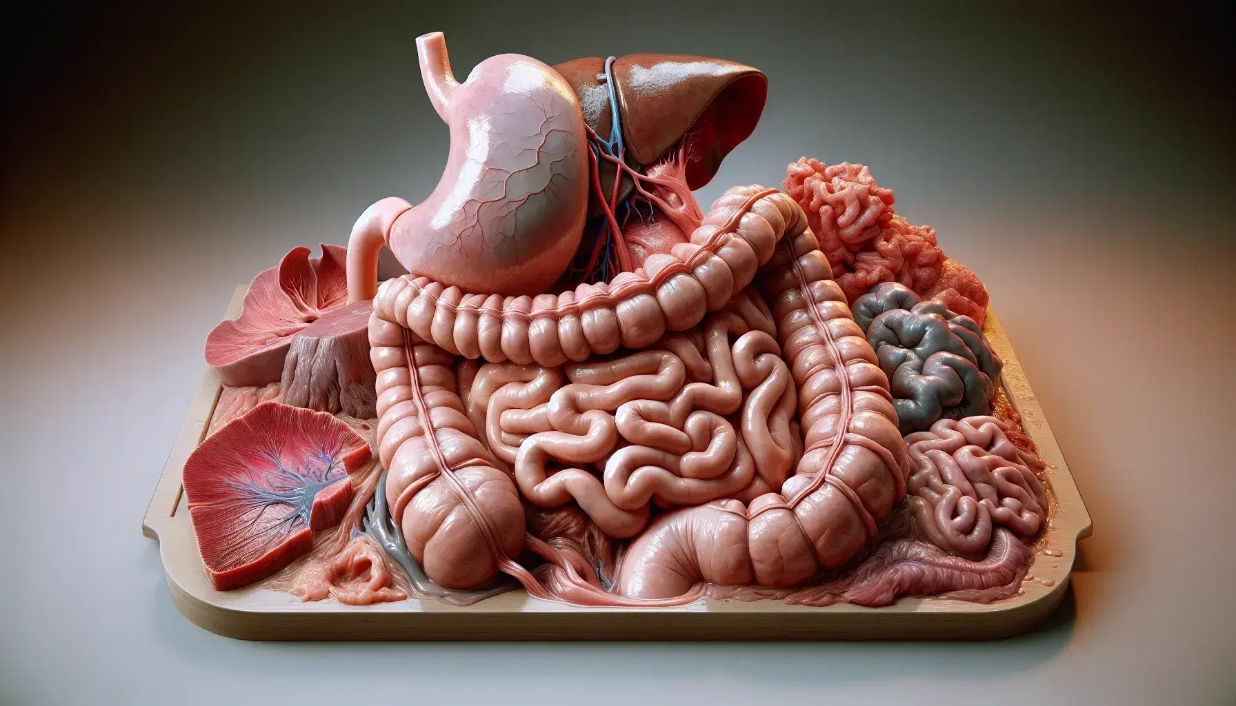 Vista anatómica detallada del estómago humano en disección médica, rodeado de hígado, diafragma e intestino delgado, con vasos sanguíneos visibles.