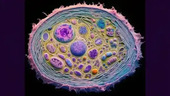 Microscopic section of a colored eukaryotic cell, with purple nucleus, blue endoplasmic reticulum, orange vesicles, yellow-green mitochondria and green plastids.