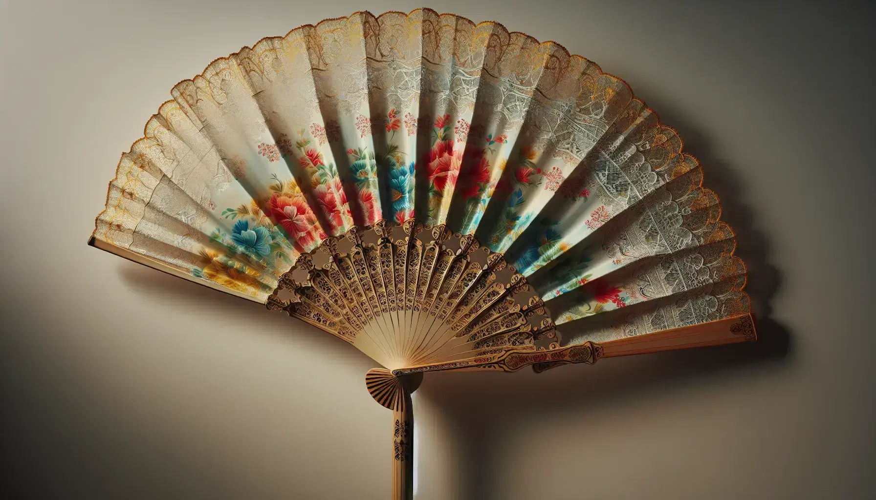 Traditional Spanish hand fan with intricate lace and floral designs in vibrant colors, featuring polished wooden sticks and delicate gold accents.