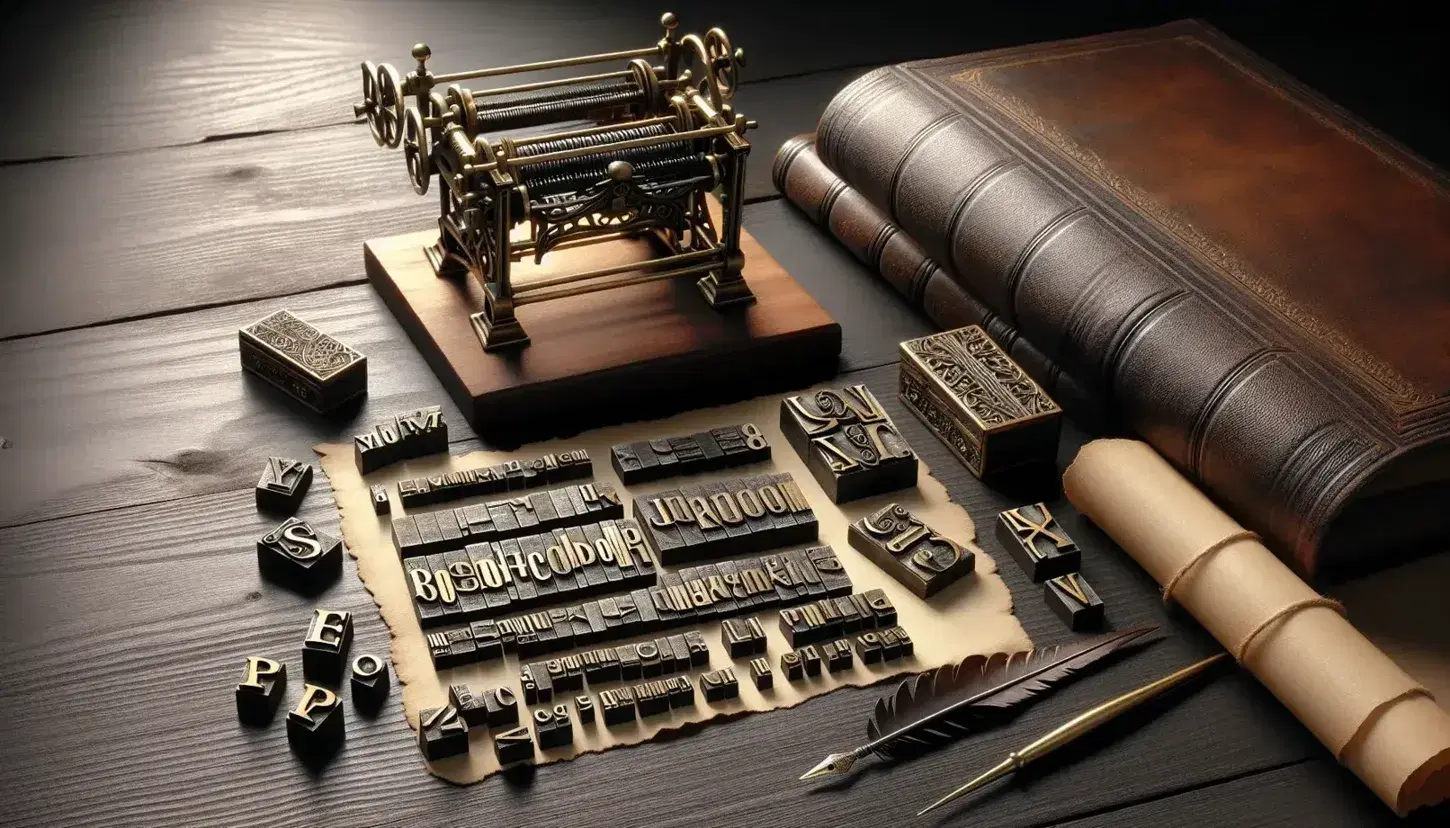 Miniatura di una stamperia antica con lettere mobili in metallo sparse, calamaio in vetro, penna d'oca e libro in pelle su tavolo scuro.