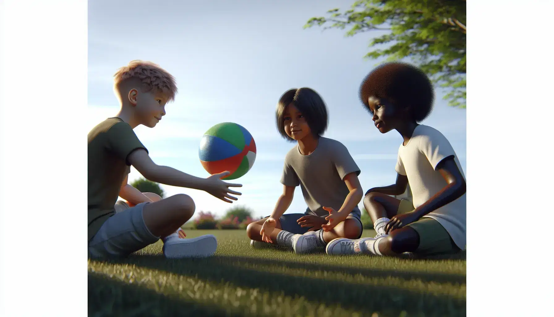 Three children of different ethnicities sitting on the grass in a park play with a colorful ball on a sunny day.