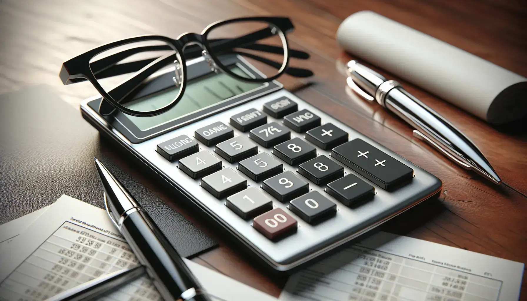 Close-up view of a calculator on a wooden desk with eyeglasses, a silver pen, and unreadable financial papers, emphasizing financial planning.