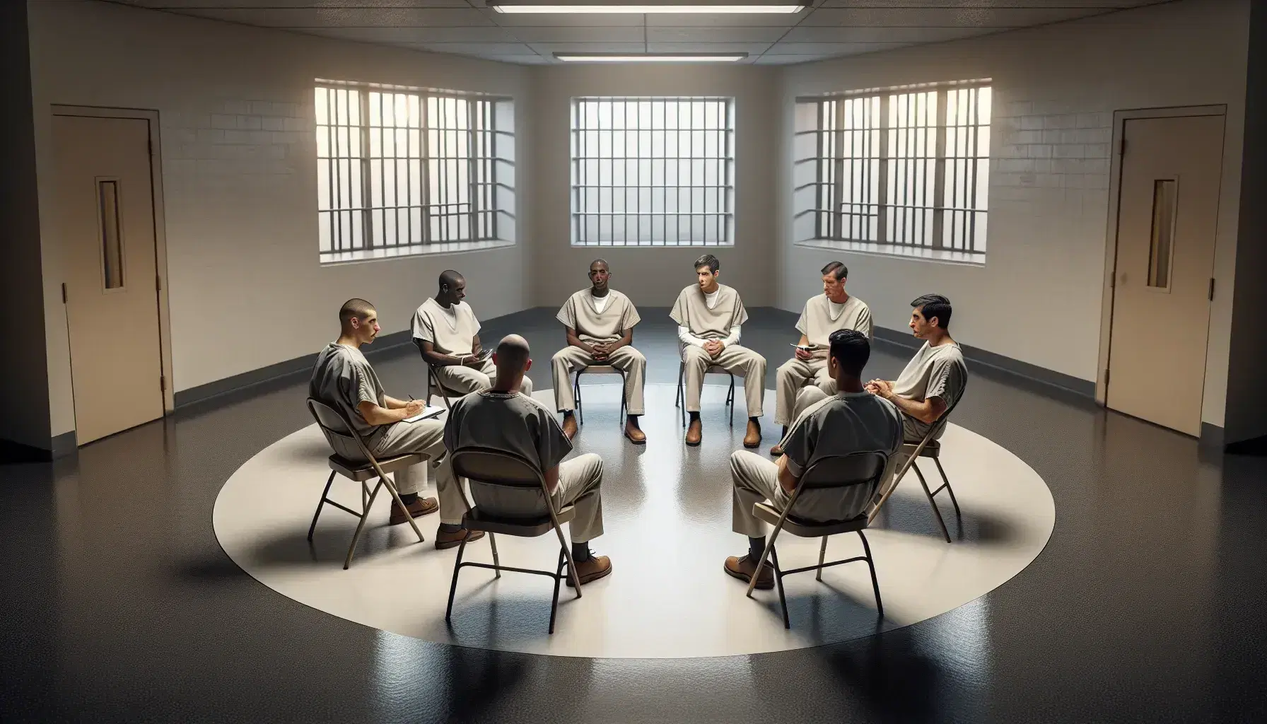 Group therapy session in a prison setting with five people, including a therapist with notepad, sitting on circular metal chairs.