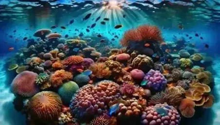 Underwater scene of a colorful coral reef with tropical fish, colorful corals, a sea turtle and sharks in the distance.