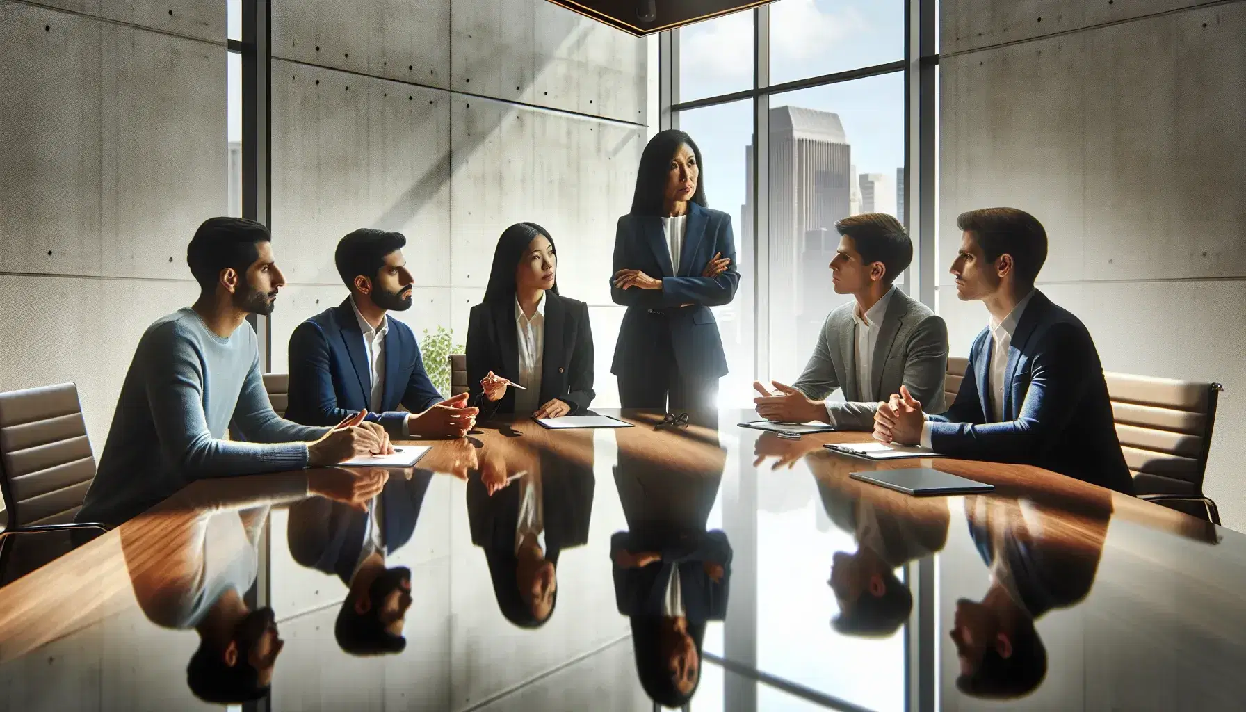 Diverse team in a boardroom meeting with a South Asian woman leading the discussion, city skyline visible through the window, sunny day outside.