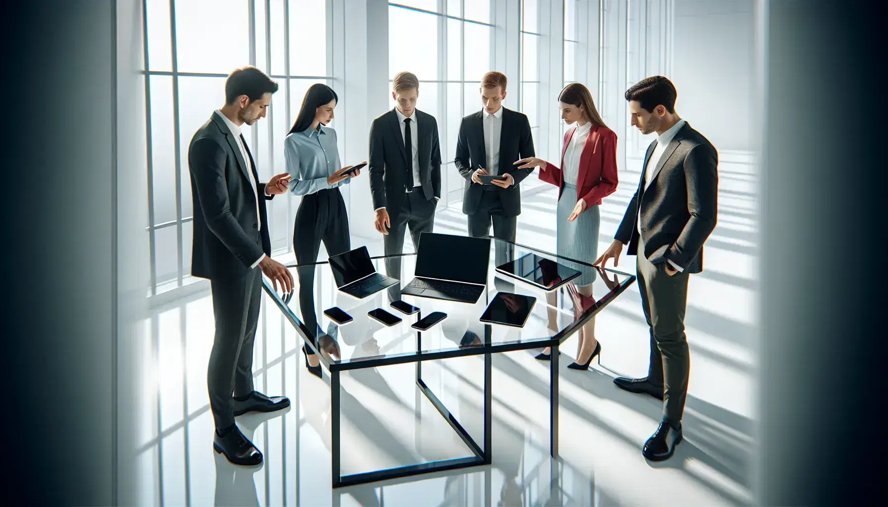 Grupo de cinco profesionales en oficina moderna discutiendo alrededor de una mesa de vidrio con dispositivos electrónicos, en un ambiente iluminado por luz natural.