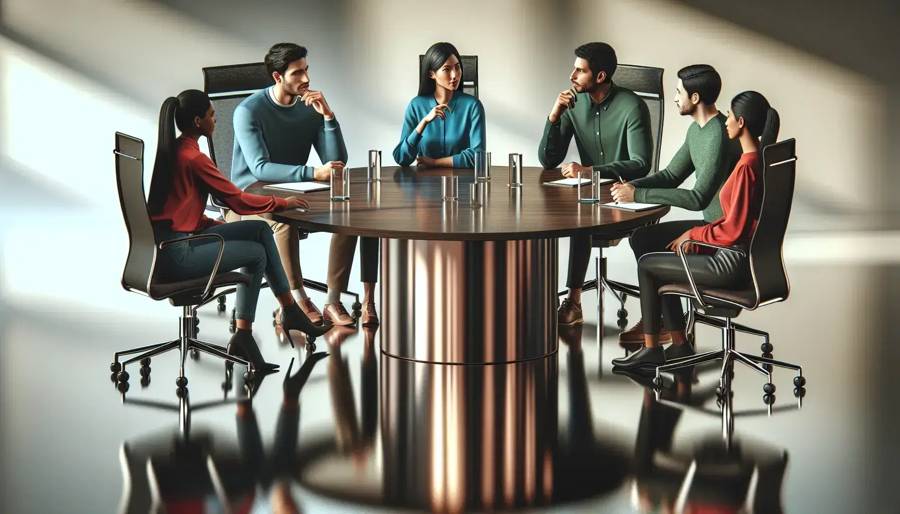 Diverse team engaged in a meeting around a round wooden table with ergonomic chairs, water bottles, coffee mugs, and a central potted plant.