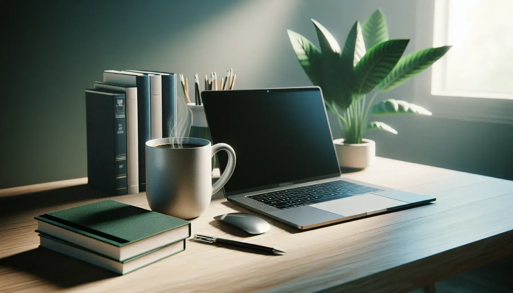 Organized desk with turned off modern laptop, cup of steaming coffee, green plant and hardback books in shades of blue and green.