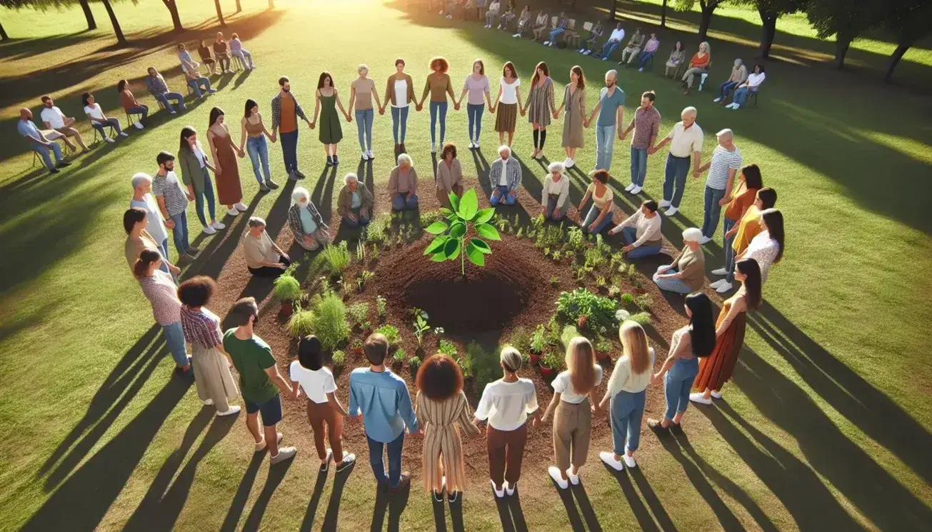 Grupo diverso cuidando una planta joven en un parque soleado, reflejando unidad y cuidado ambiental.