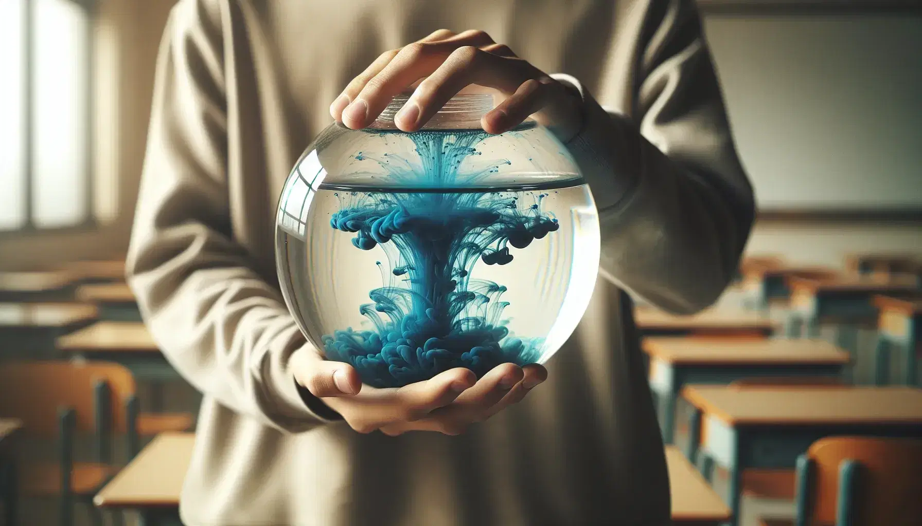 Hands holding a glass sphere with blue dye dispersing in water, against a blurred classroom backdrop, highlighting a science experiment in progress.