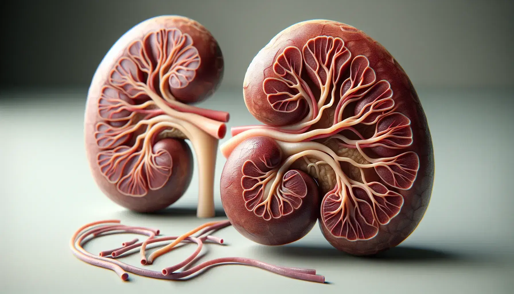Riñones humanos reales y modelo de nefrón en superficie clara, mostrando arterias, venas y textura granulada de órganos.
