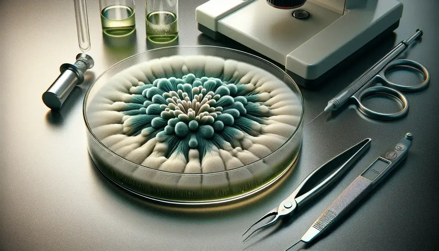 Close-up view of a petri dish with a radial fungal colony, flanked by tweezers, a scalpel, and a pipette on a lab bench with a microscope in the background.