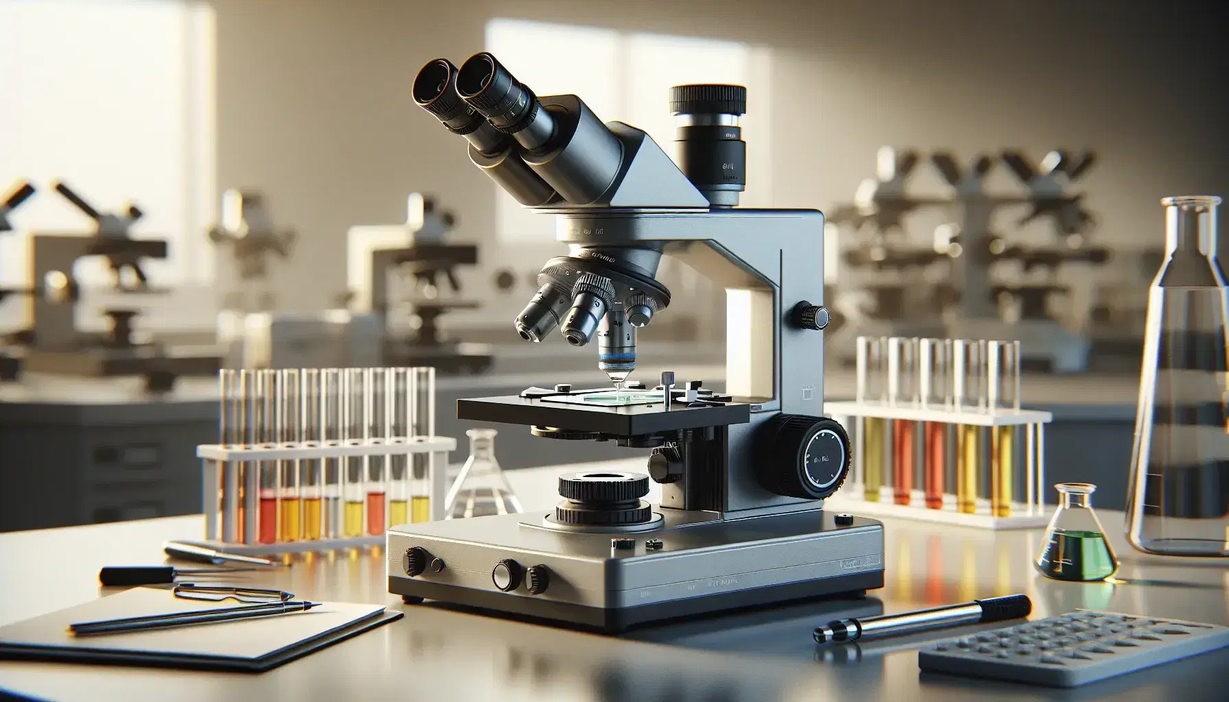 Microscopio ottico moderno grigio su tavolo da laboratorio con provette colorate sfocate sullo sfondo.